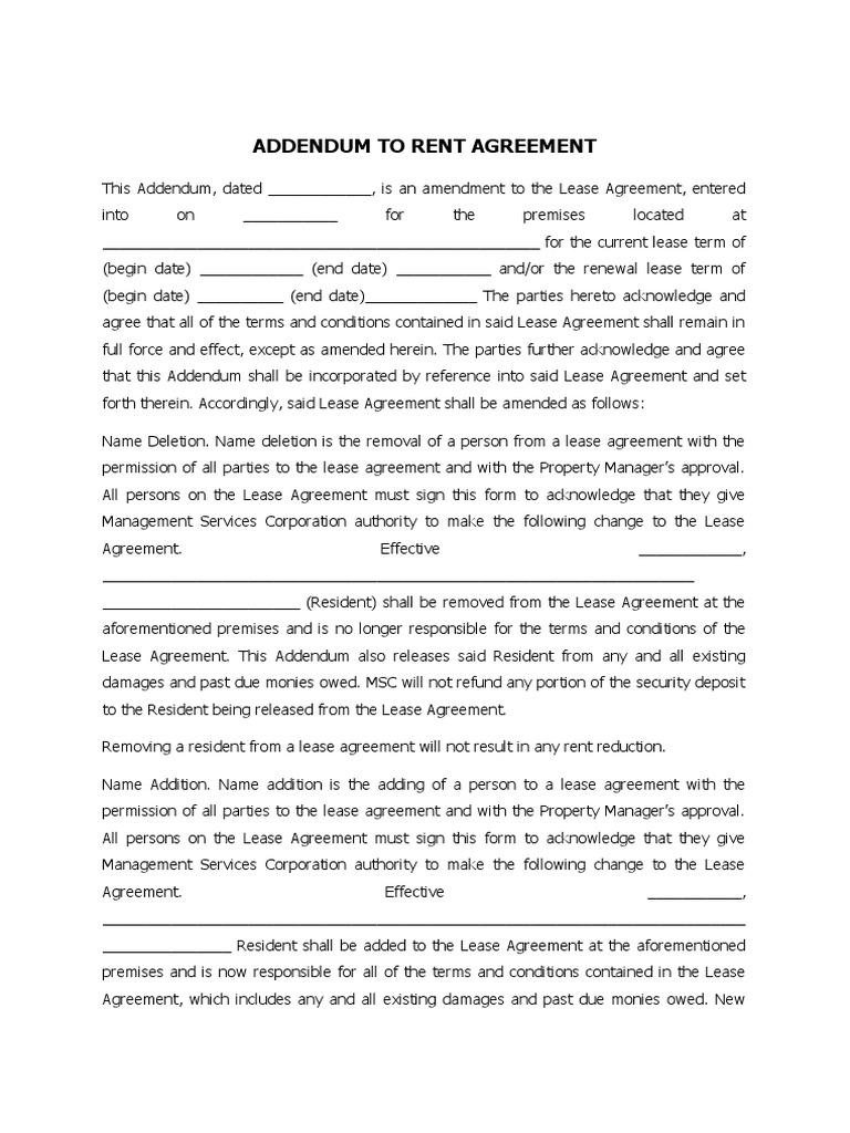 ADDENDUM TO Rent AGREEMENT | PDF | Lease | Property Law