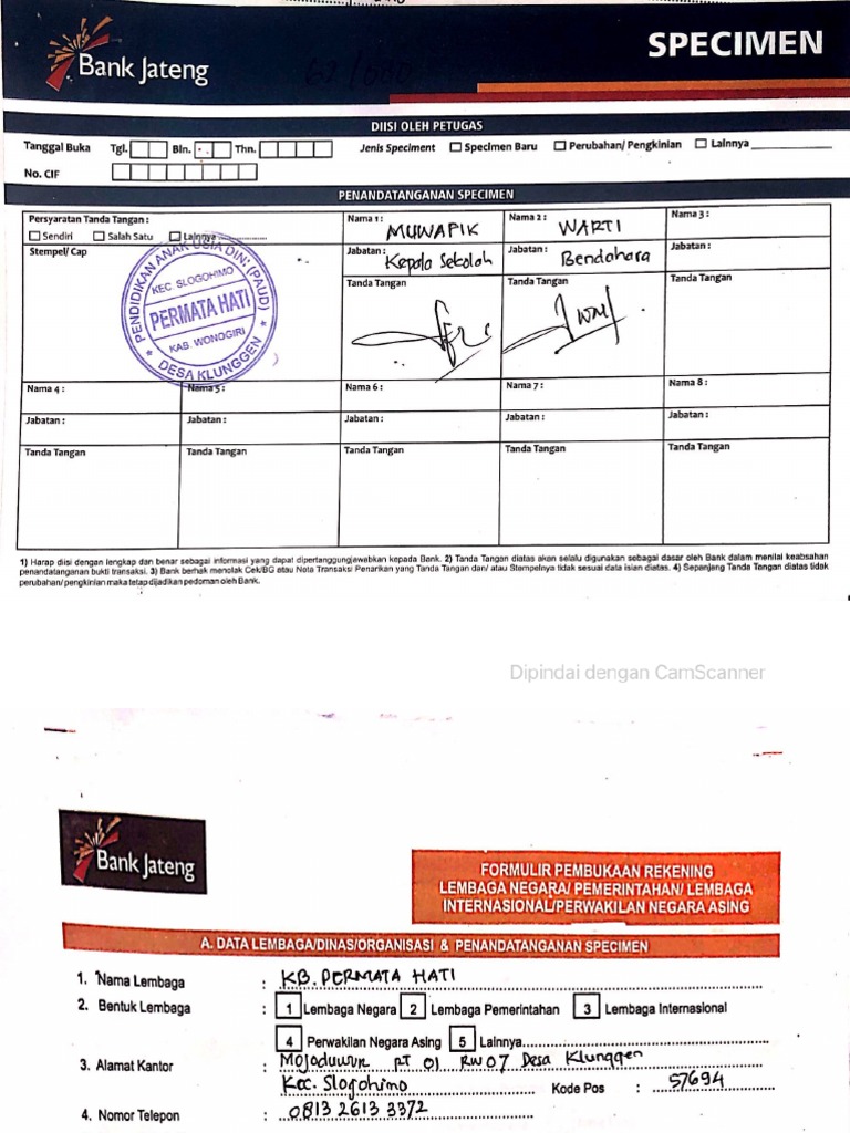 Contoh Pengisian Specimen KB Dan TK PDF