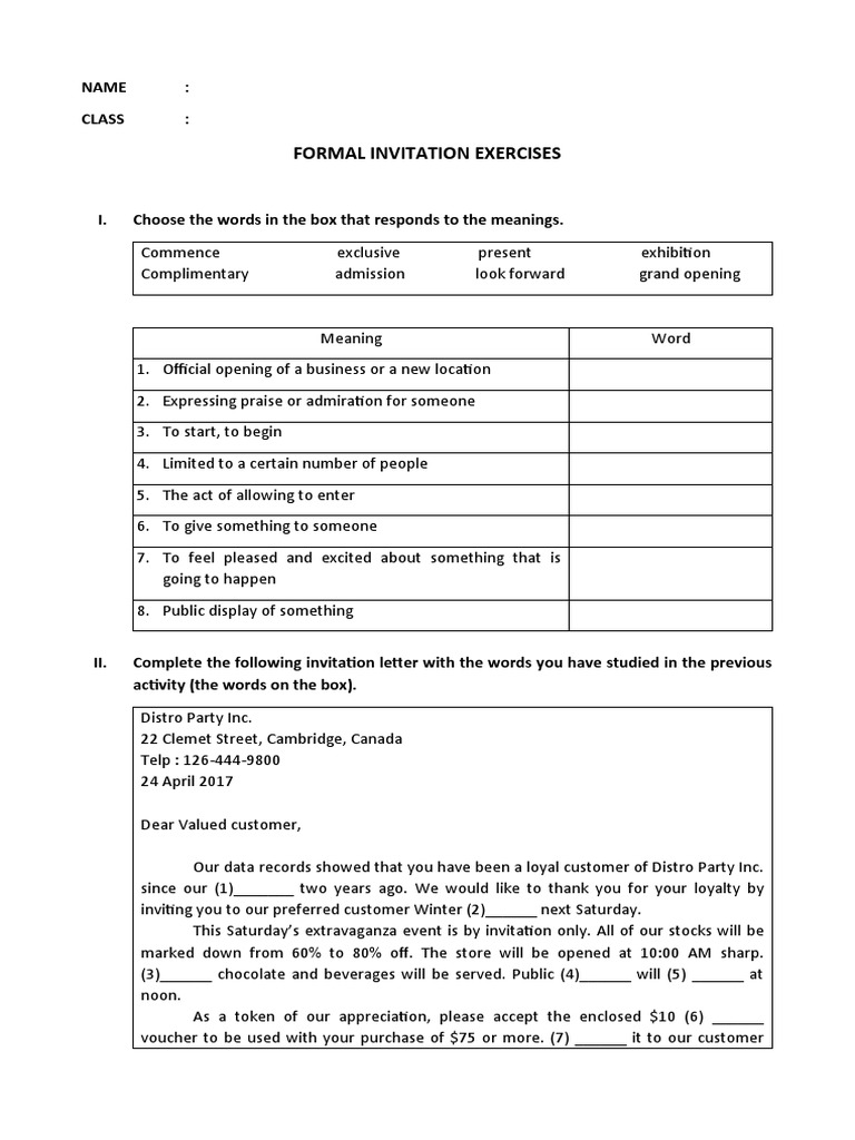 Formal Invitation Exercises Name Class PDF
