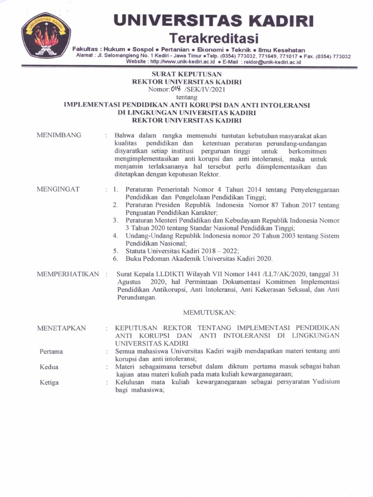 SK Rektor 018 Implementasi Pendidikan Anti Korupsi | PDF