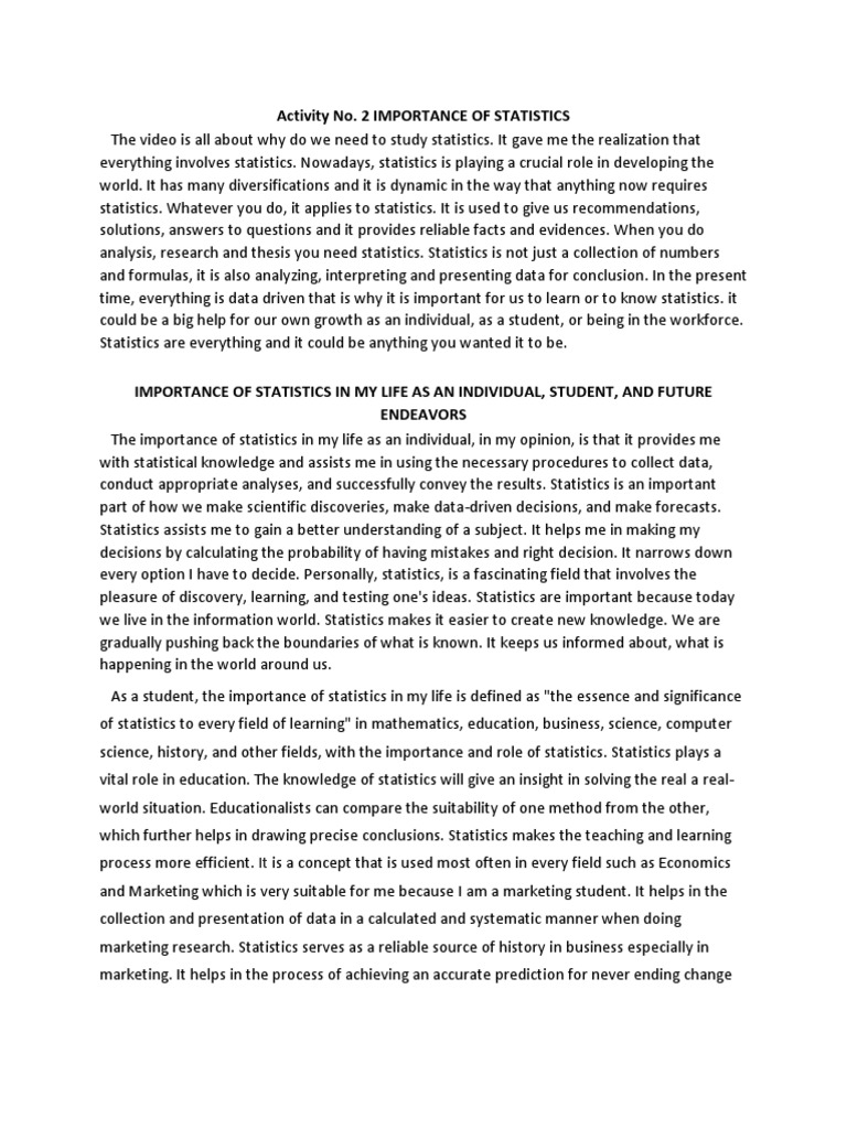 Activity No 2 IMPORTANCE OF STATISTICS PDF Statistics Marketing