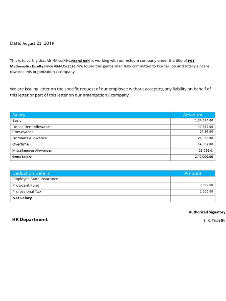 Salary Certificate for Neeraj Joshi | PDF