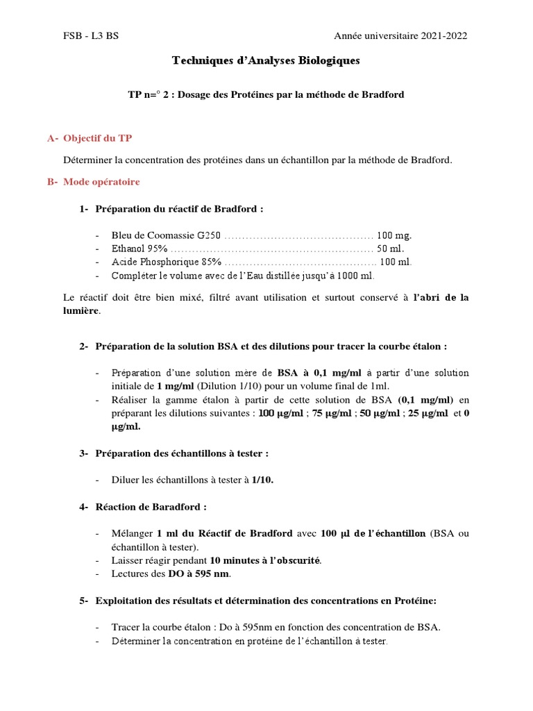 Dosage des Protéines par Méthode Bradford PDF Sciences physiques — free download
