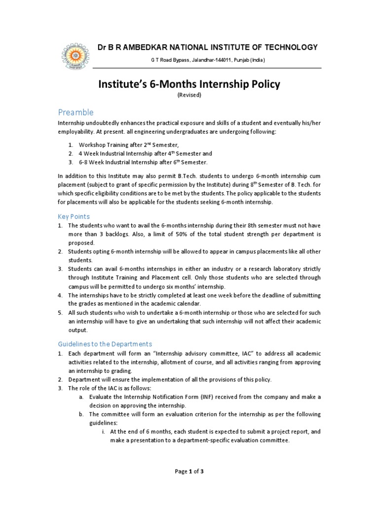 NIT Jalandhar 6-Month Internship Policy | PDF | Internship | Job Hunting