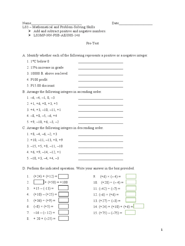 7th Grade Integers Addition & Subtraction | PDF | Subtraction | Numbers