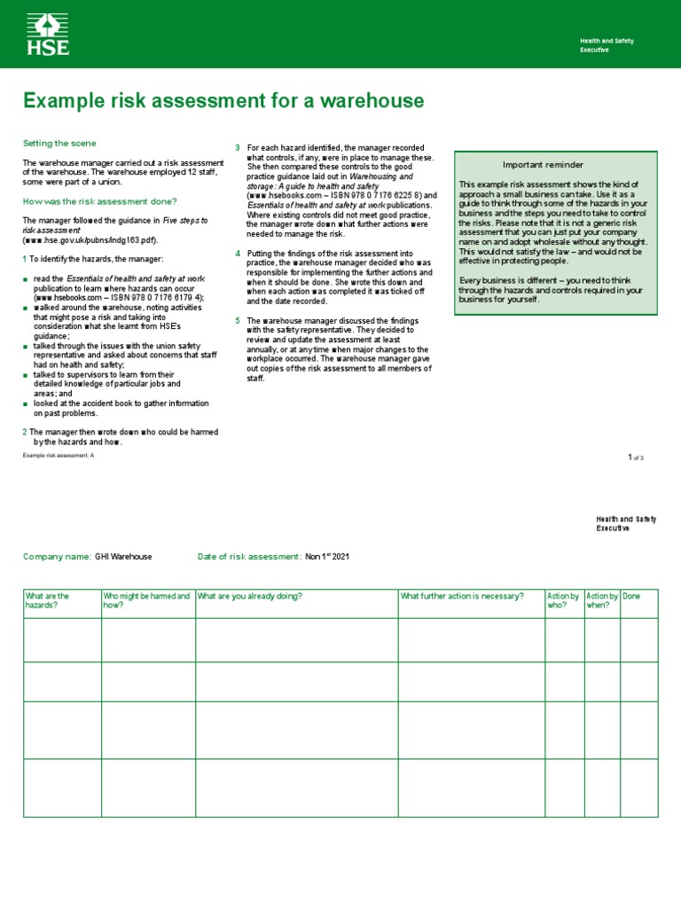 Warehouse Risk Assessment Example | PDF | Occupational Safety And ...