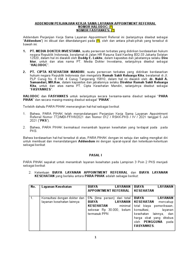 Addendum Kerja Sama Halodoc dan Fasyankes | PDF