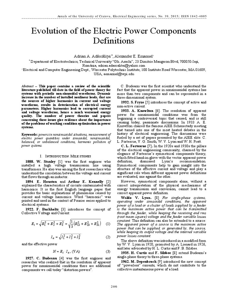 Evolution of The Electric Power Components Definitions Adrian A