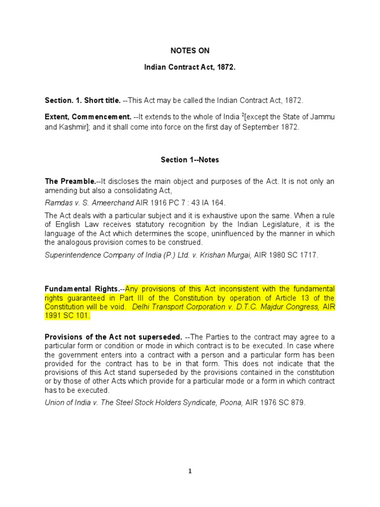 Notes On Indian Contract Act | PDF | Offer And Acceptance ...