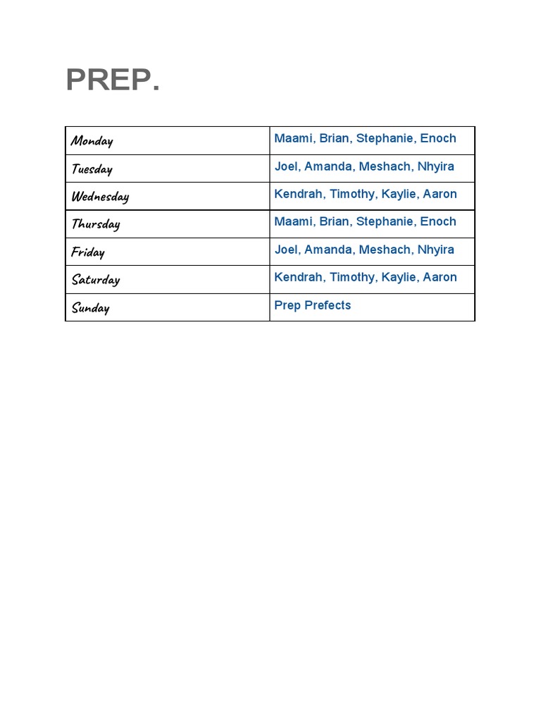 Weekly Prep Schedule for Students | PDF