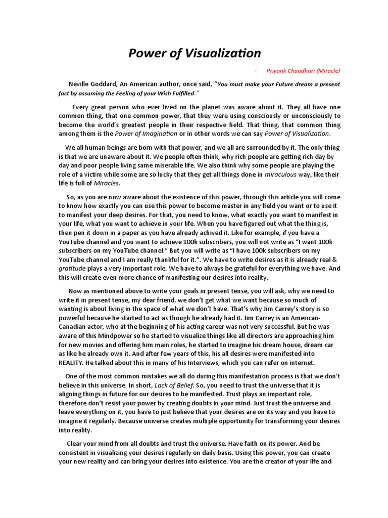 Power of Visualization | PDF | Dream | Miracle