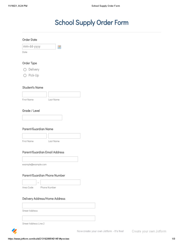 School Supply Order Form PDF
