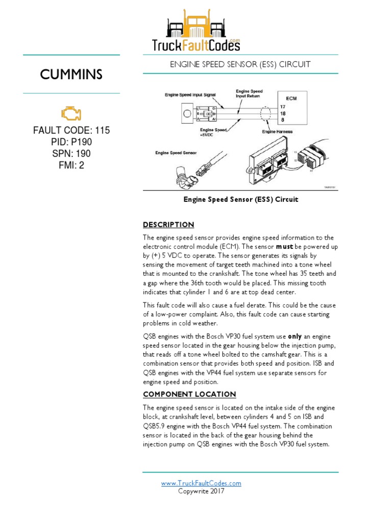 Cummins Fault Code 115 PID P190 SPN 190 FMI 2 PDF Electrical