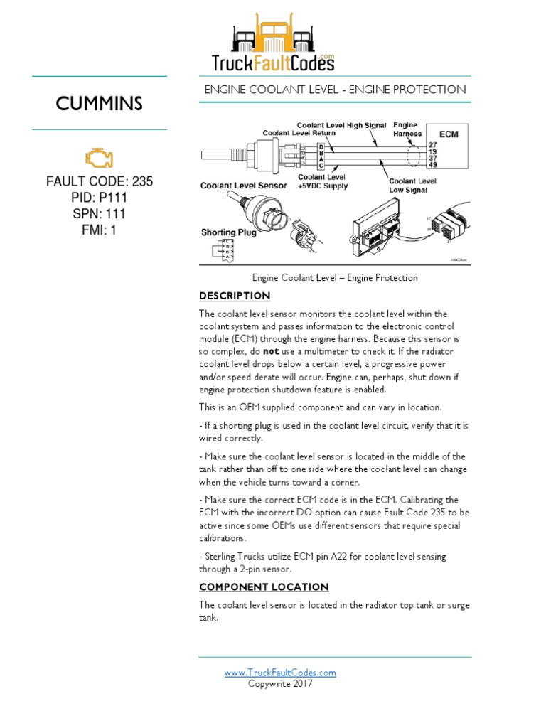 Cummins Fault Code 235 PID P111 SPN 111 FMI 1 PDF Switch