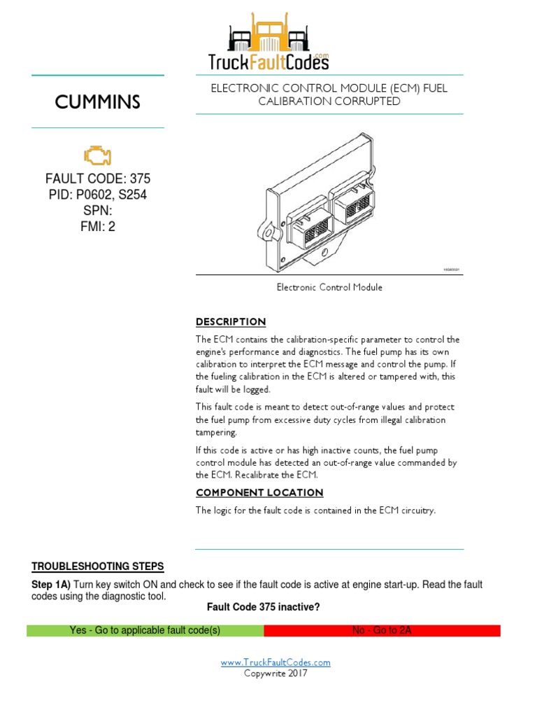 Cummins Fault Code 375 PID P0602, S254 SPN FMI 2 PDF