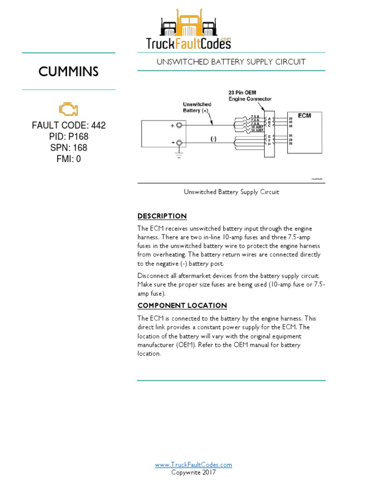 Cummins: Fault Code: 442 PID: P168 SPN: 168 FMI: 0 | PDF | Fuse ...