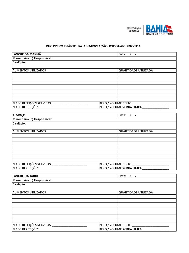 Registro Diario Da Alimentacao Escolar Servida NTE 01 | PDF, image size:768x1024