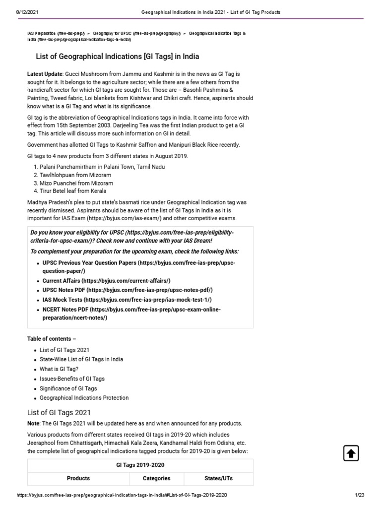 GI Tags in India: 2021 Overview | PDF | World Trade Organization