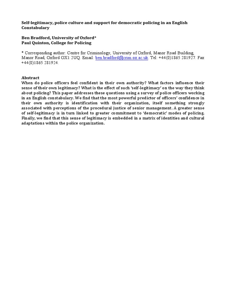 Self Legitimacy, Police Culture and Support For Democratic Policing ...