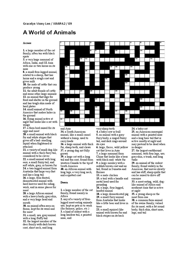 A World of Animals Crosswords PDF Cats Fur