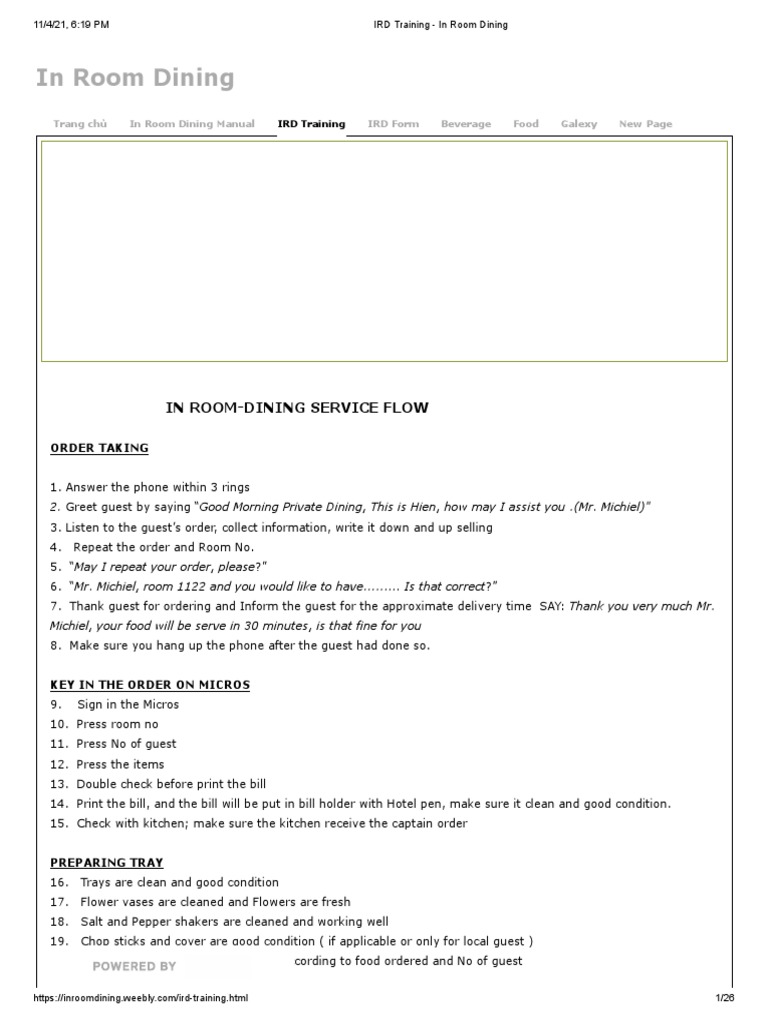 IRD Training in Room Dining PDF Foods Restaurants
