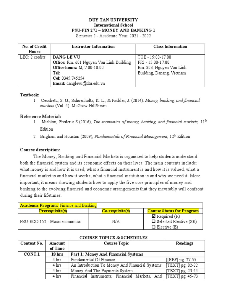 PSUFIN 271 Money and Banking 1 2020S Syllabus 1 PDF Money