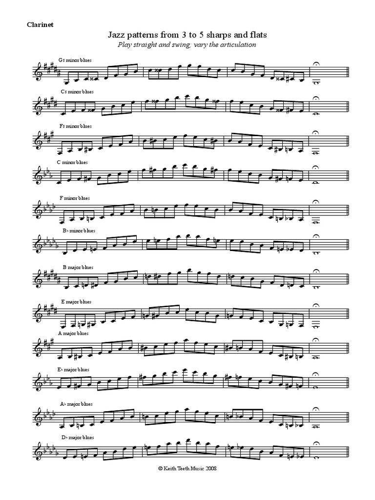 Jazz Patterns From 3 To 5 Sharps and Flats Play Straight and Swing