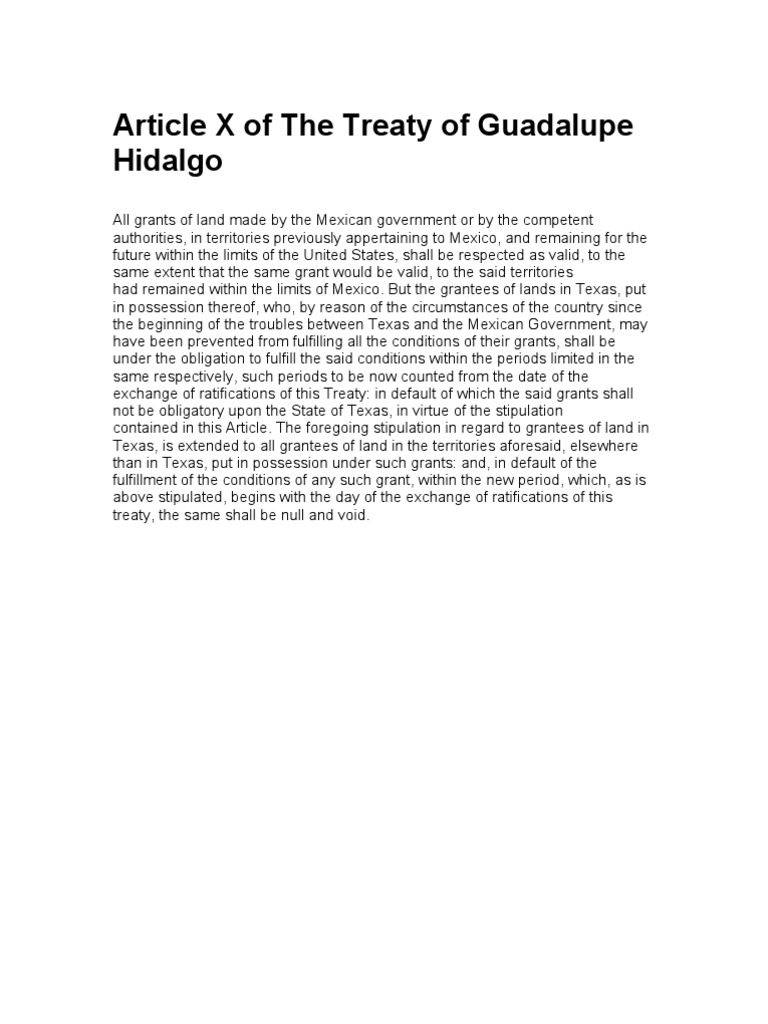 Article X of the Treaty of Guadalupe Hidalgo Treaty North America