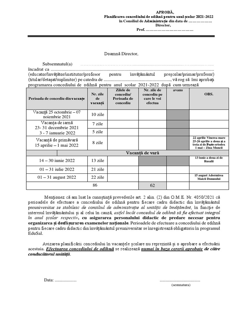 Cerere Programare Concediu 2021-2022 | PDF