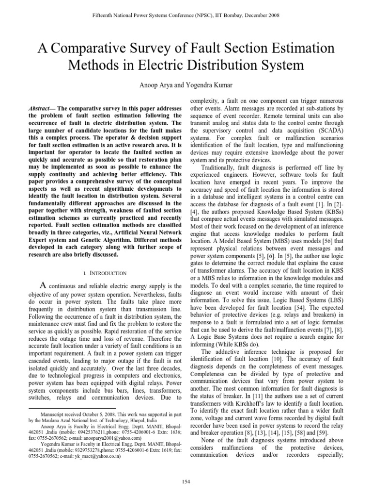 (2008) A Comparative Survey of Fault Section Estimation | PDF | Systems ...