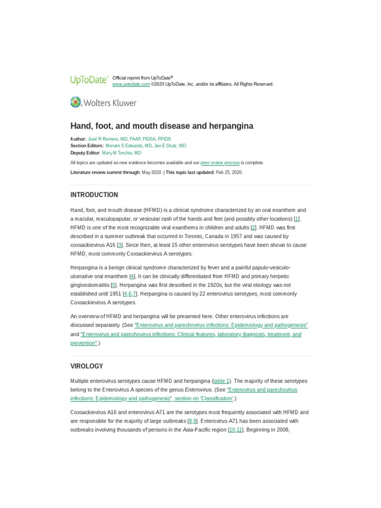 Hand, Foot, and Mouth Disease and Herpangina UpToDate PDF Herpes