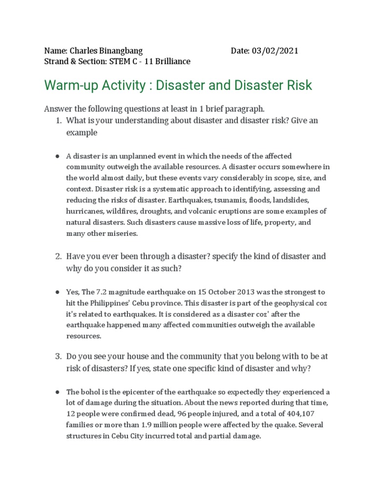 Warm-Up Activity: Disaster and Disaster Risk | PDF