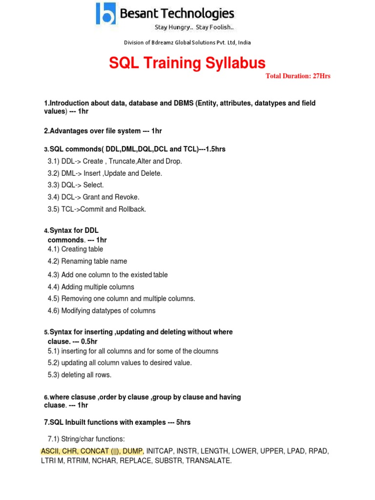 Sql syllabus besant technologies pdf relational database sql