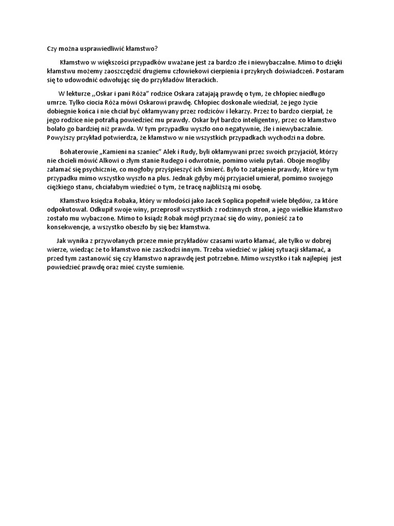 Czy Miłość Może Usprawiedliwić Kłamstwo Przykłady Z Literatury Czy Można Usprawiedliwić Kłamstwo Poprawka | PDF