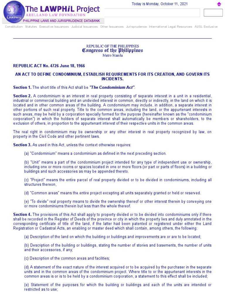 Republic Act No. 4726 (Condominium Act) PDF Condominium Corporations