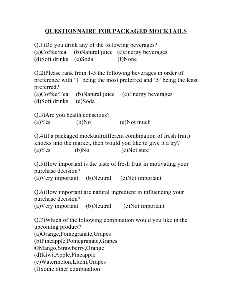 Questionnaire For Packaged Mocktails | PDF