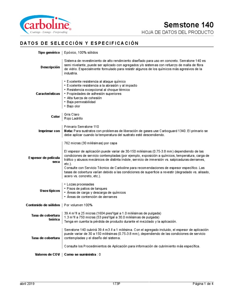 Semstone 140: Revestimiento Epóxico | PDF | Hormigón | Sólido