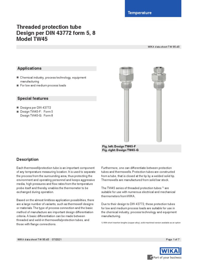 Threaded Protection Tube Design Per DIN 43772 Form 5, 8 Model TW45