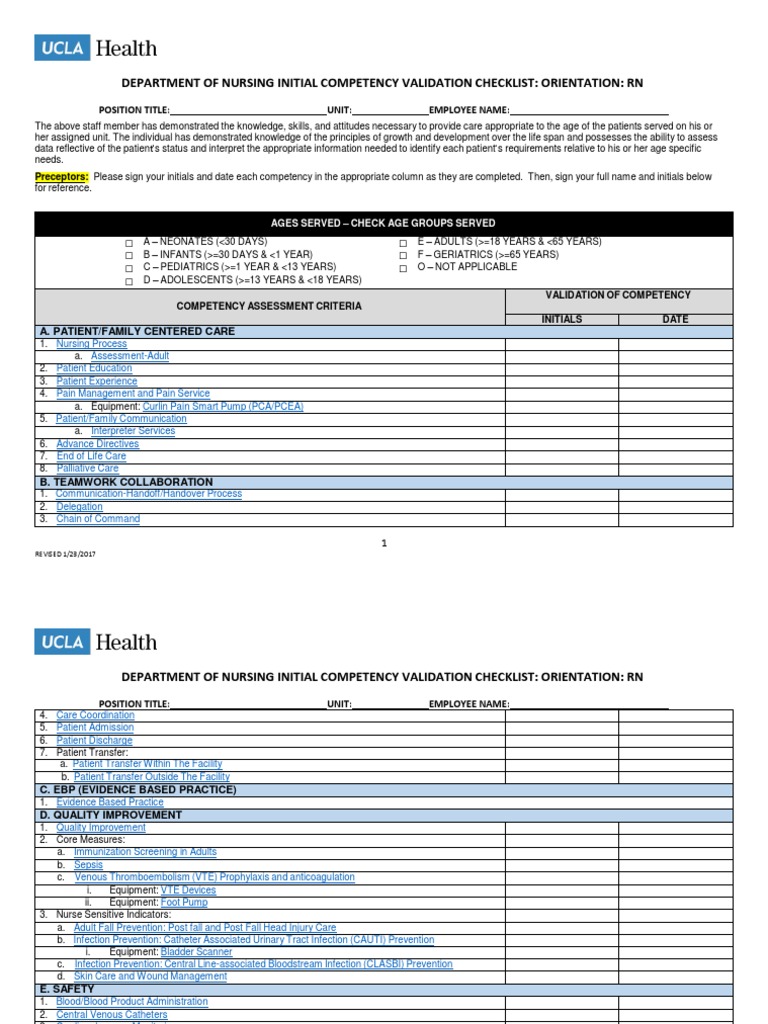 RN Initial Competency Validation Checklist | PDF | Intravenous Therapy ...