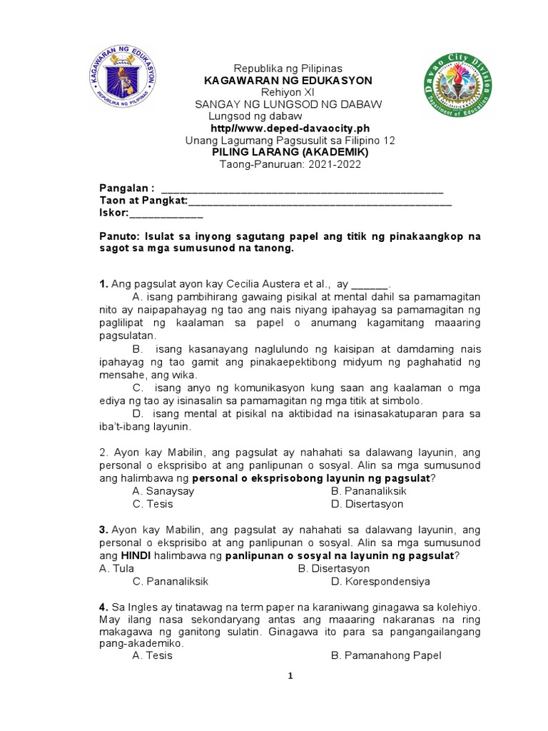 Filipino 12 Akademik (Summative Test) | PDF