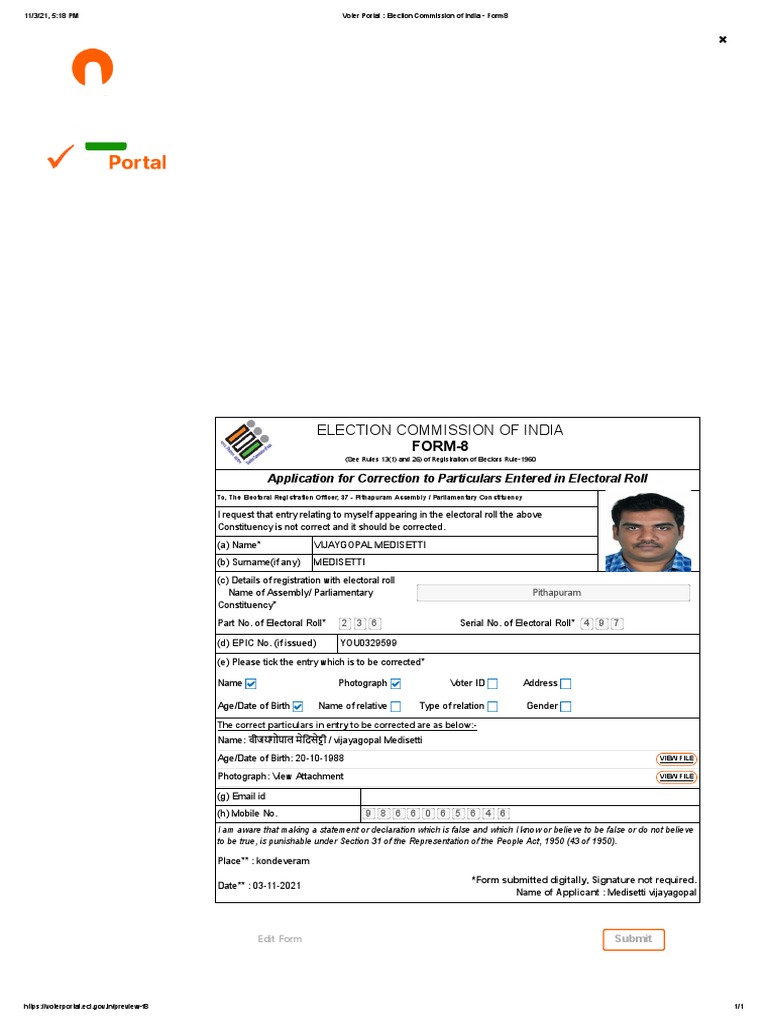 Form 8: Electoral Roll Correction Application | PDF | Political ...