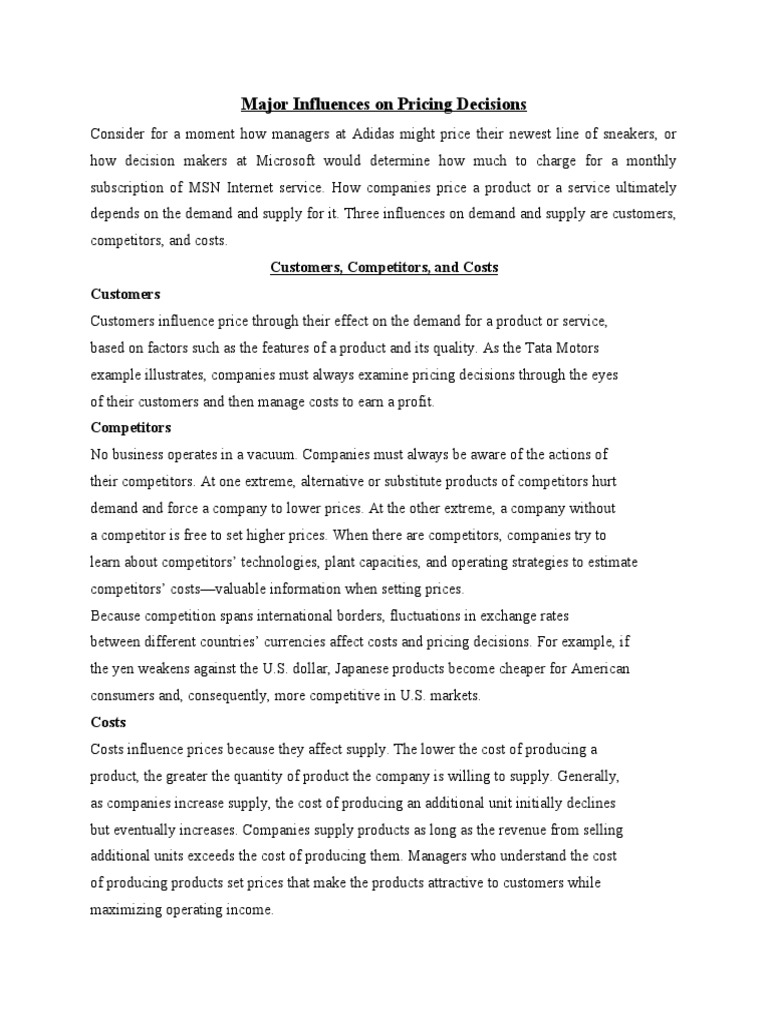 Major Influences On Pricing Decisions PDF Pricing Supply (Economics)