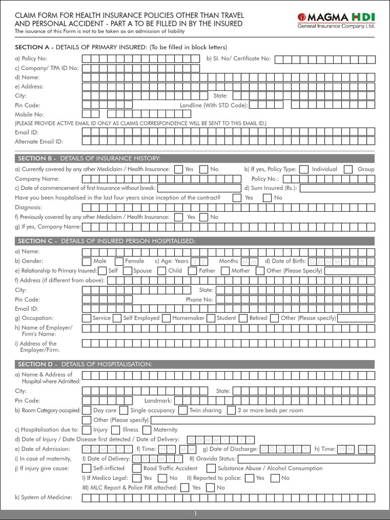 Magma Claim Form PDF Insurance Receipt