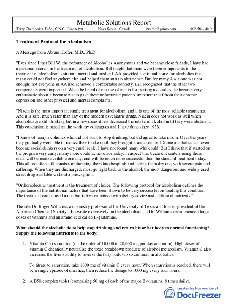 Treatment Protocol For Alcoholism PDF Orthomolecular Medicine