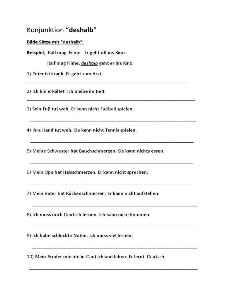 Ubung Konjunktion Deshalb Arbeitsblatter 84328 | PDF