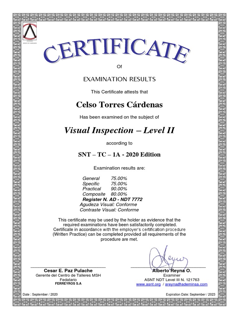 Visual Inspection Level II Certificate | PDF