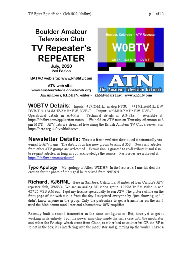 TV Repeater's Repeater Boulder Amateur Television Club PDF