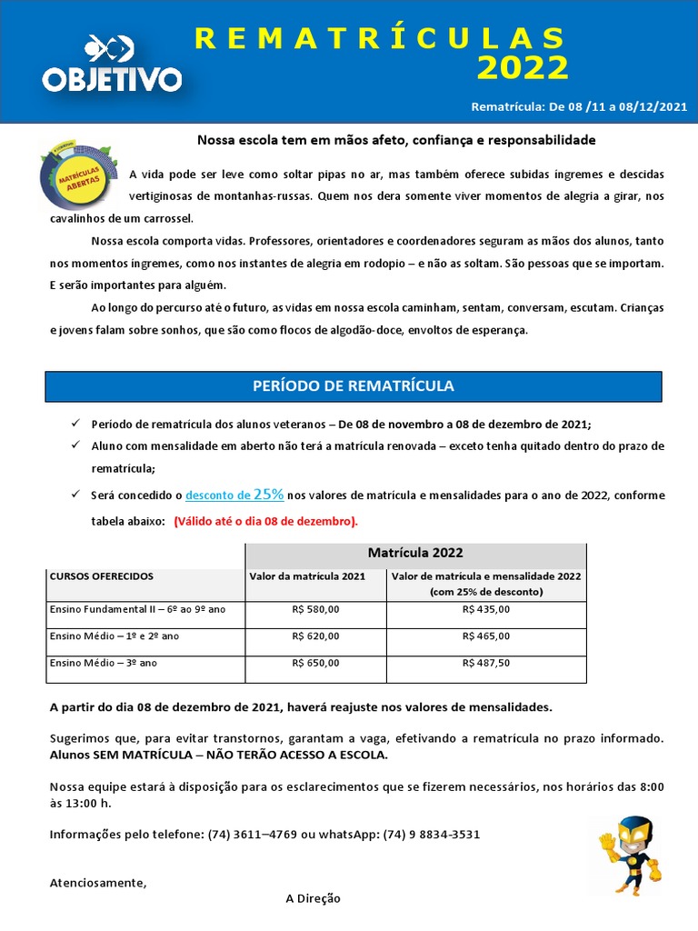 Rematrícula Escolar 2022: Informações e Prazo | PDF