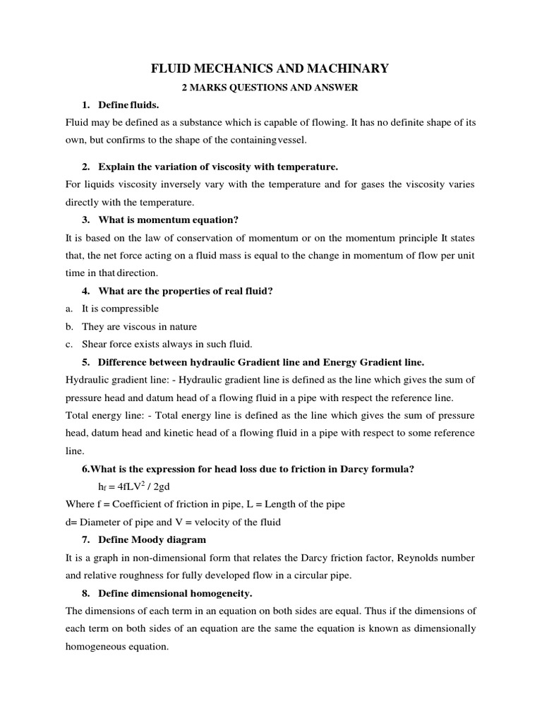 Fluid Mechanics and Machinary: 2 Marks Questions and Answer | PDF ...