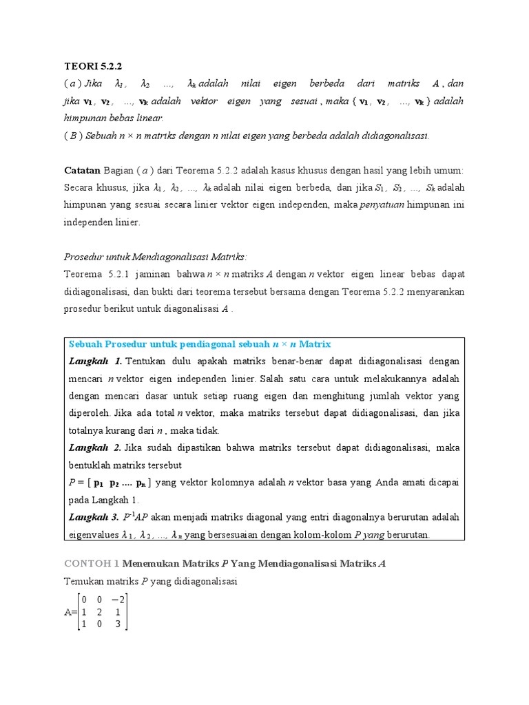 Teorema 5.2.2: Diagonalisasi Matriks | PDF